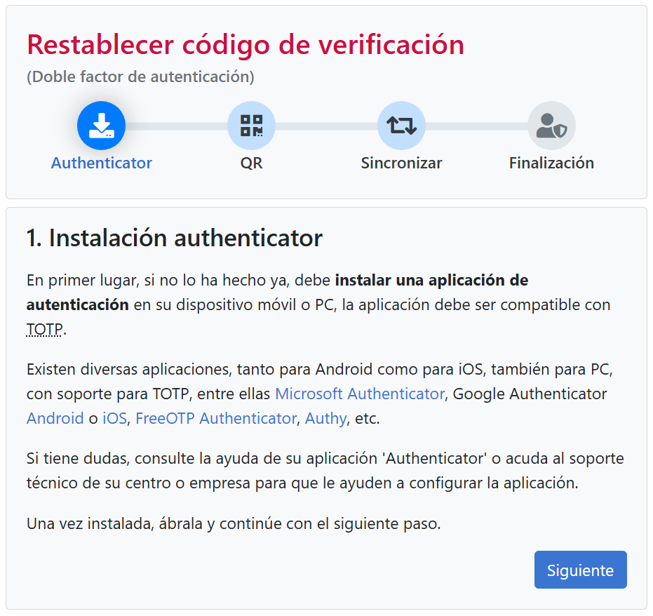 Asistente restablecimiento del código de verificación